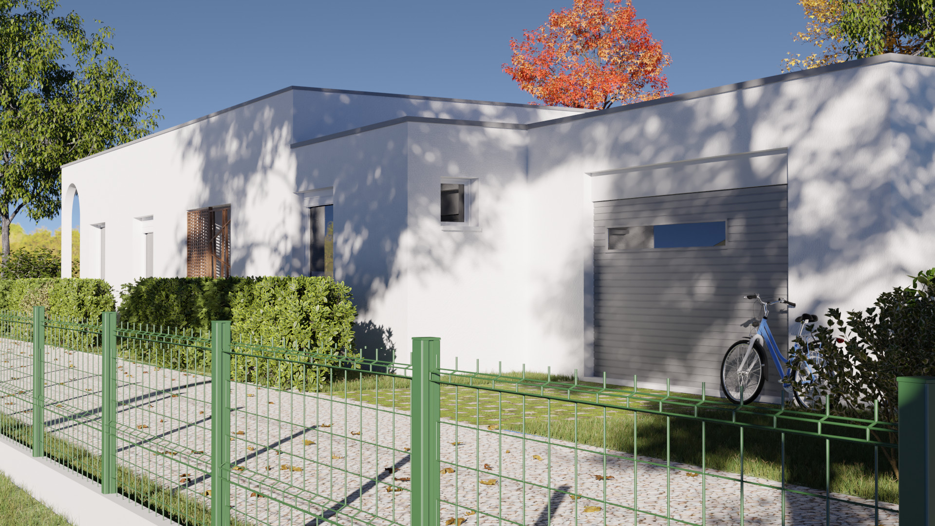 Villa Claire - vue vers le garage. Maison contemporaine réalisée par Gustave Mambo