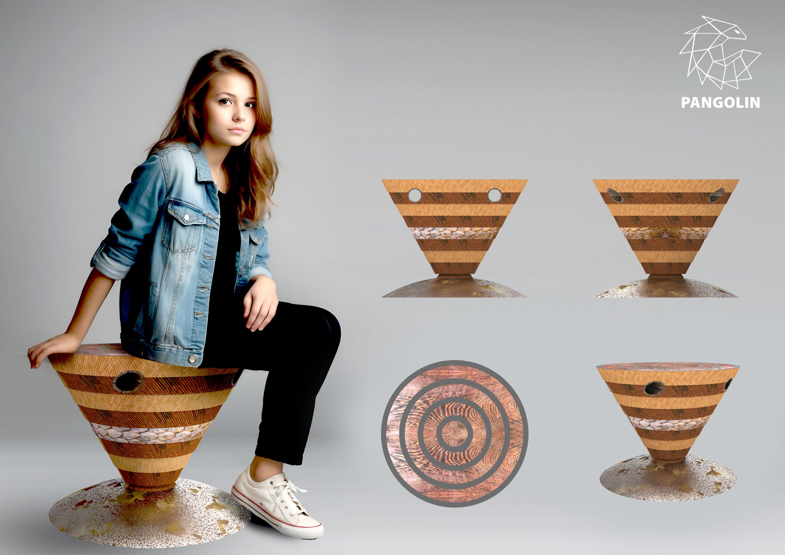 Différentes vues du tabouret Pangolin designé par Gustave Mambo