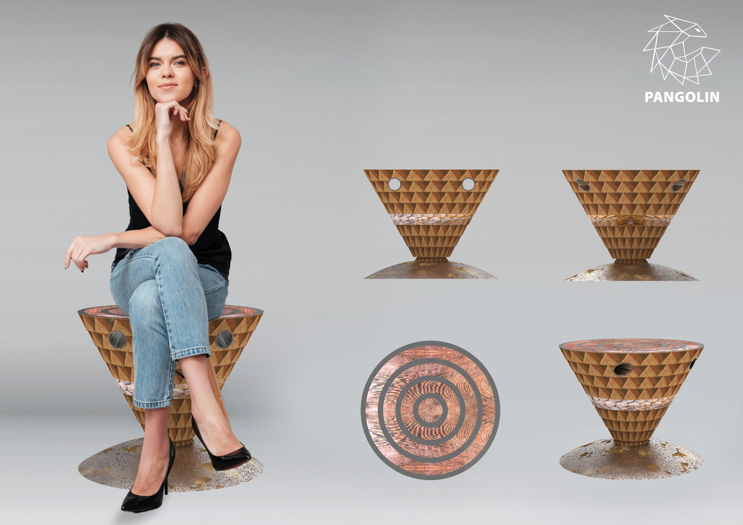 Différentes vues du tabouret Pangolin designé par Gustave Mambo