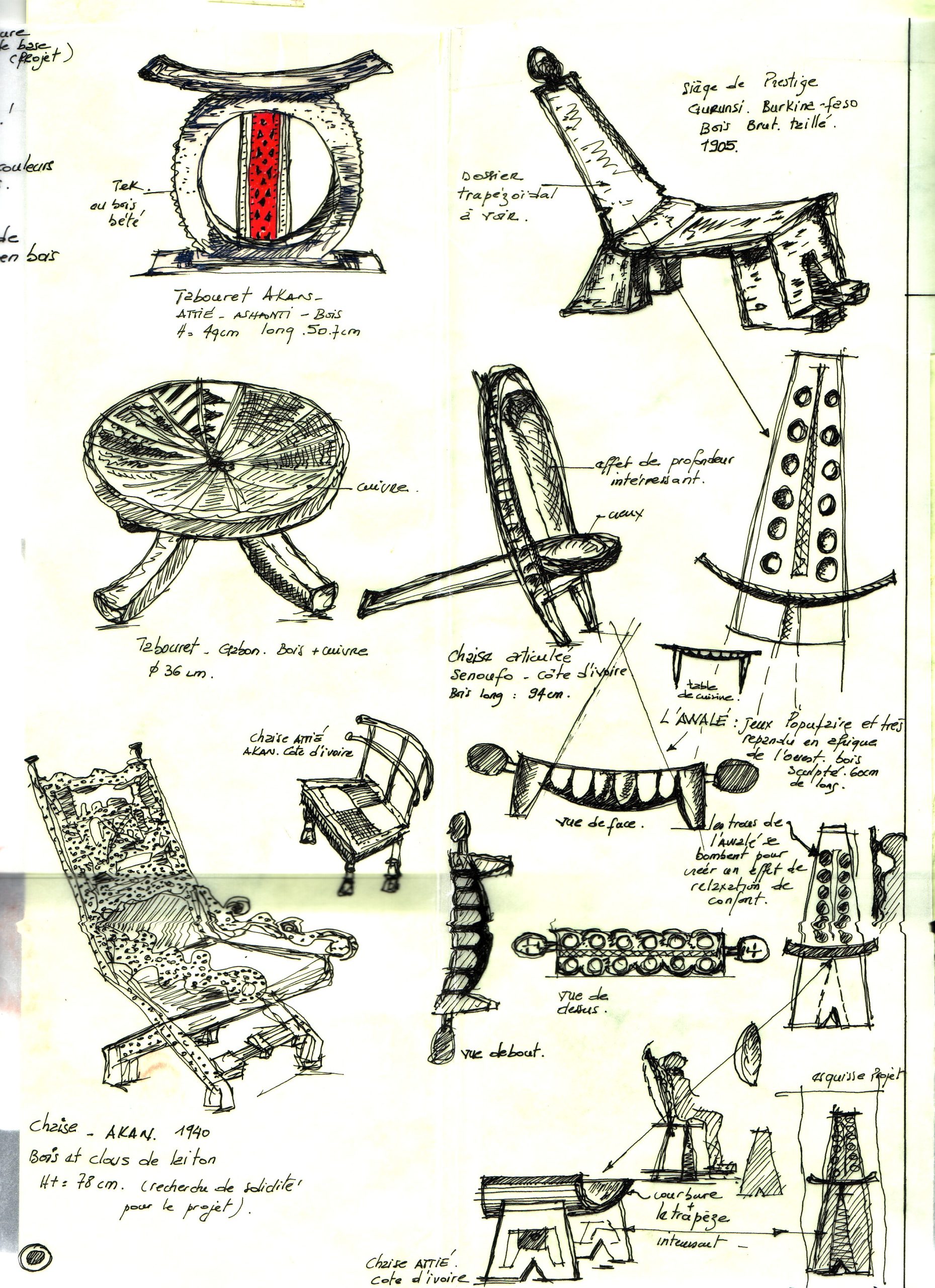 Croquis idées conception de la chaise Awalé par Gustave Mambo<br />
