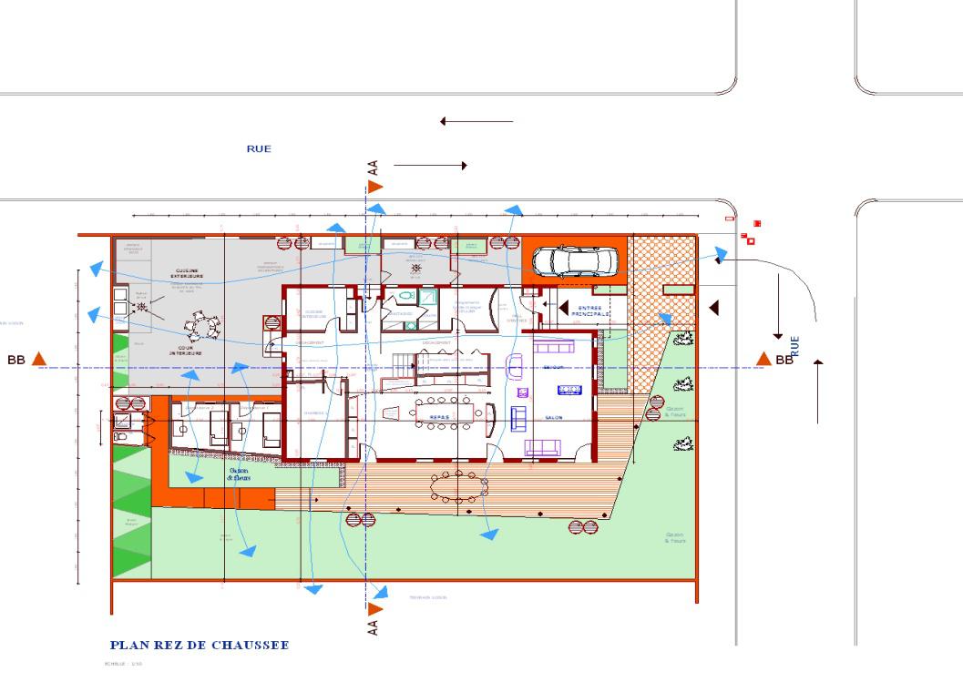 Plan du rez de chaussée d'une villa contemporaine en Afrique conceptualisée par Gustave mambo, architecte